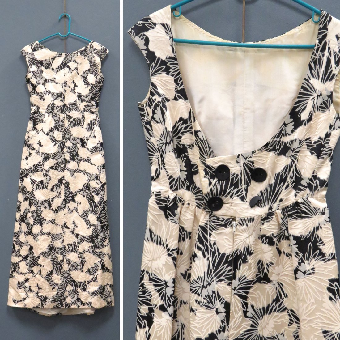 HATTIE CARNEGIE SILK/SATIN BLACK AND WHITE GOWN: HATTIE CARNEGIE SILK/SATIN BLACK AND WHITE FLORAL PRINT GOWN. SIZE 10 (1/BUTTON BROKEN)