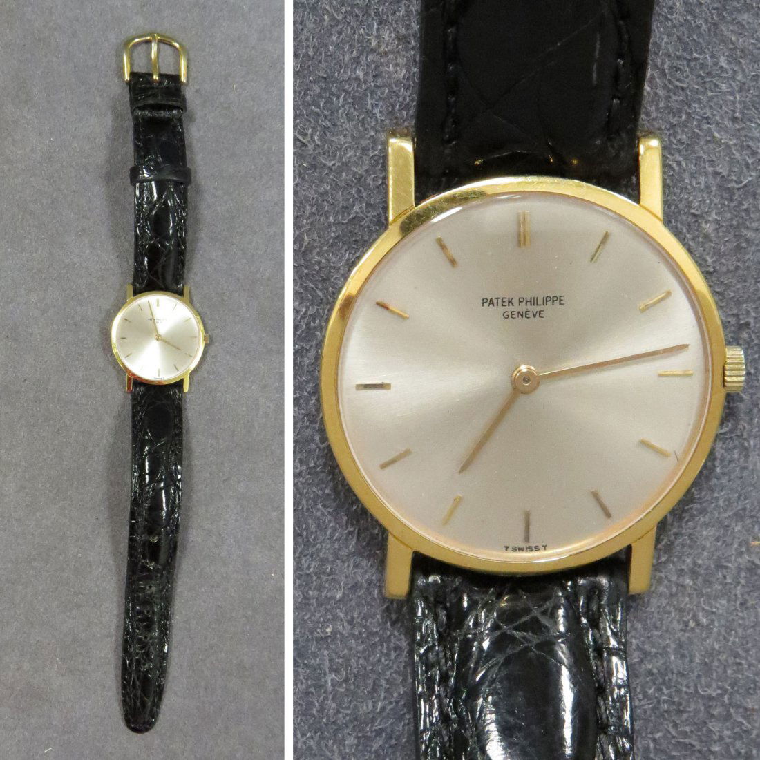 VINTAGE PATEK PHILIPPE 18K WRISTWATCH: VINTAGE PATEK PHILIPPE 18K YELLOW GOLD GENTLEMAN'S 18-JEWEL MECHANICAL WRISTWATCH, CAL 175, REF #3470, MOVEMENT #1133515, CASE #314215. DIAMETER 34MM WITH CROCODILE BAND