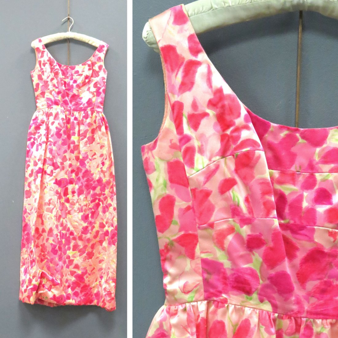 HATTIE CARNEGIE SATIN BROCADE GOWN: HATTIE CARNEGIE SATIN BROCADE RASPBERRY AND CREAM PRINT SLEEVELESS GOWN