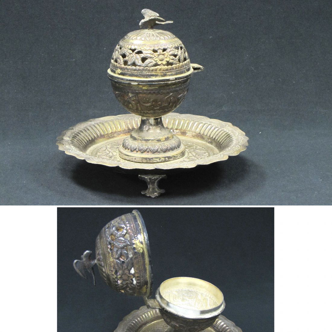ANTIQUE TURKISH SILVER FOOTED SPICE CONTAINER: ANTIQUE TURKISH SILVER FOOTED SPICE CONTAINER. HEIGHT 6 1/2"; 17.5 OZT