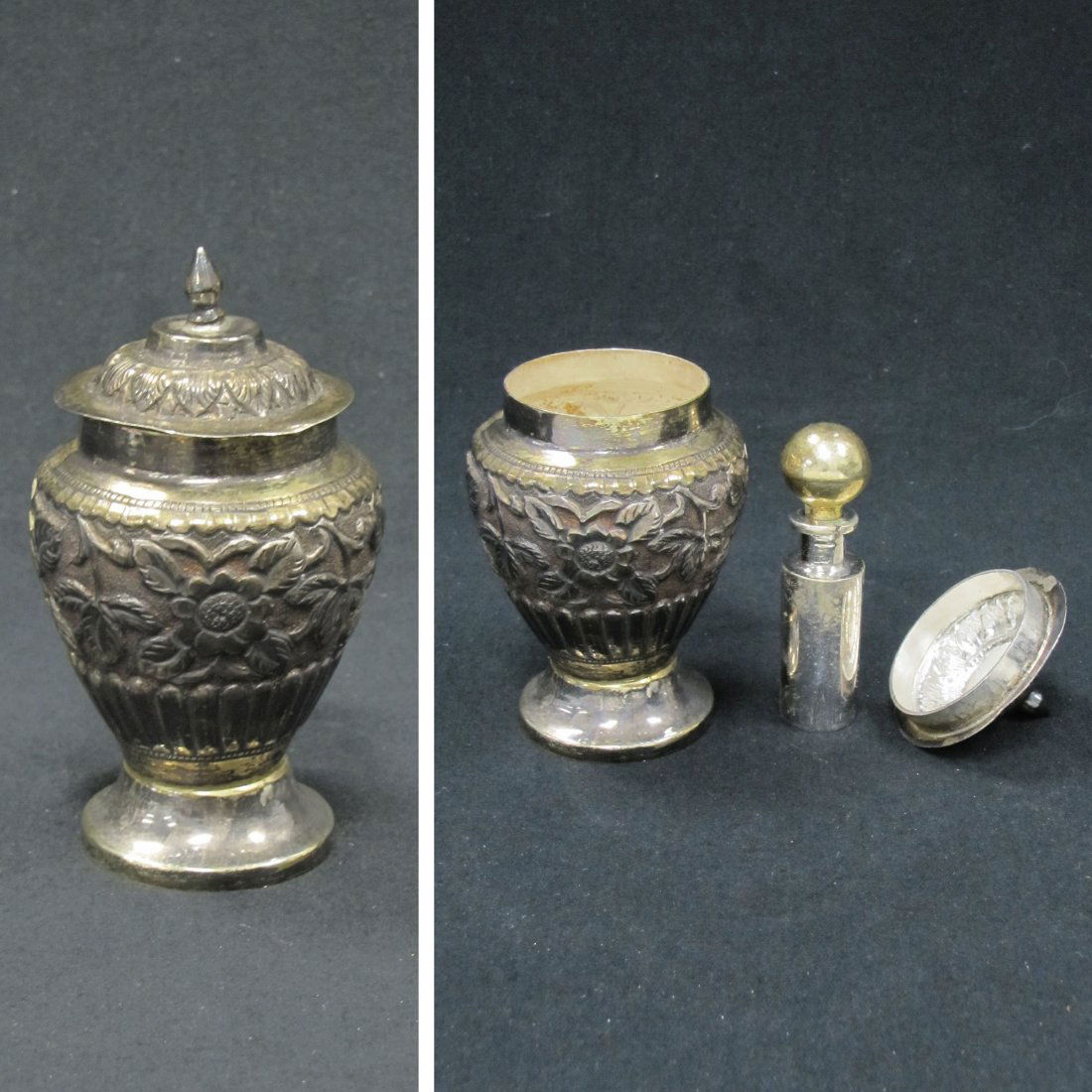ANTIQUE TURKISH GILT SILVER SCENT/SPICE CONTAINER: ANTIQUE TURKISH GILT SILVER SCENT/SPICE CONTAINER. HEIGHT 4 1/2"; GROSS WEIGHT 5.81 OZT