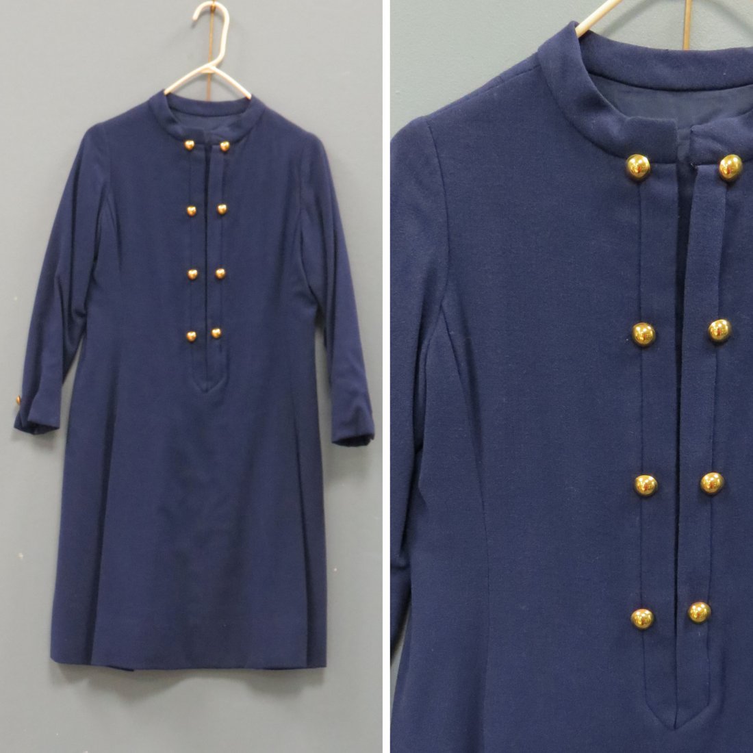 OSCAR DE LA RENTA LONG SLEEVE BLUE KNIT DRESS: OSCAR DE LA RENTA LONG SLEEVE BLUE KNIT DRESS WITH GOLD BUTTON ACCENTS AND ZIPPER FRONT, MADE FOR JANE DERBY