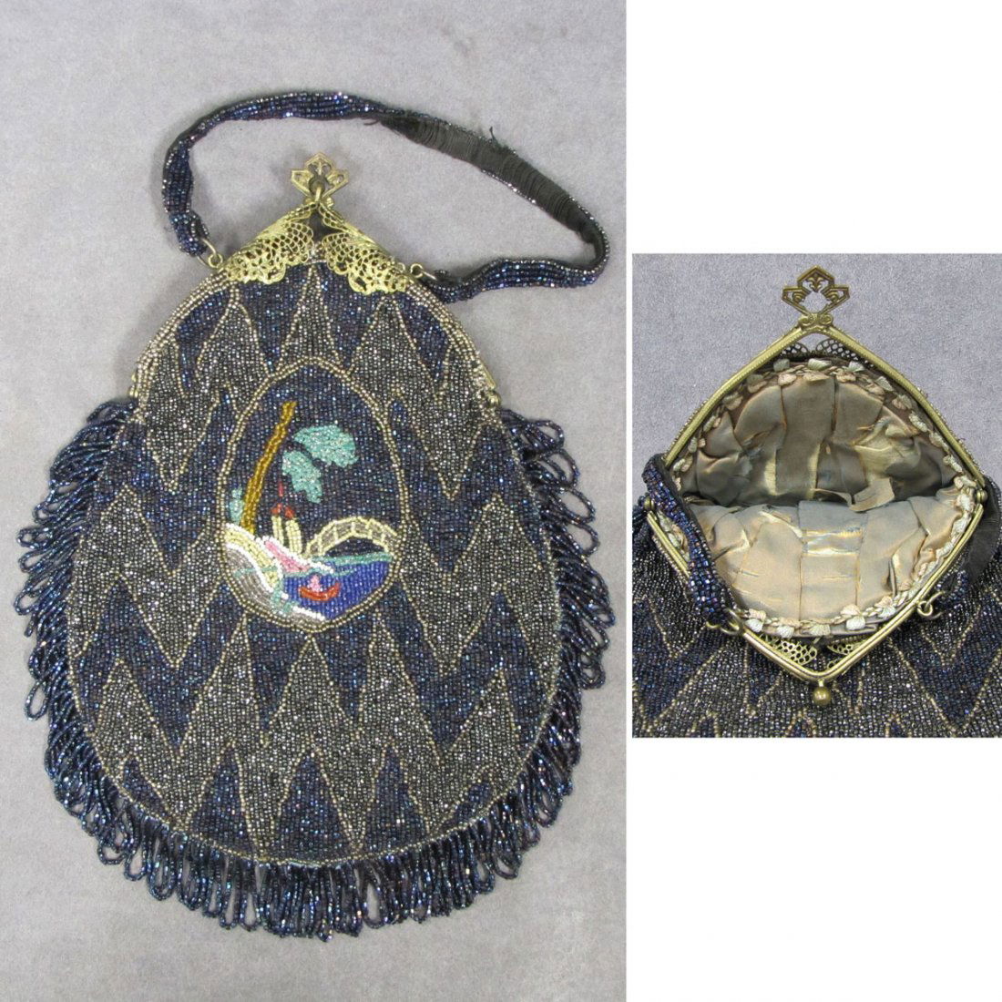 VINTAGE GLASS BEADED AND METAL FRAMED HAND BAG: VINTAGE GLASS BEADED AND METAL FRAMED HAND BAG (LINING AS IS)
