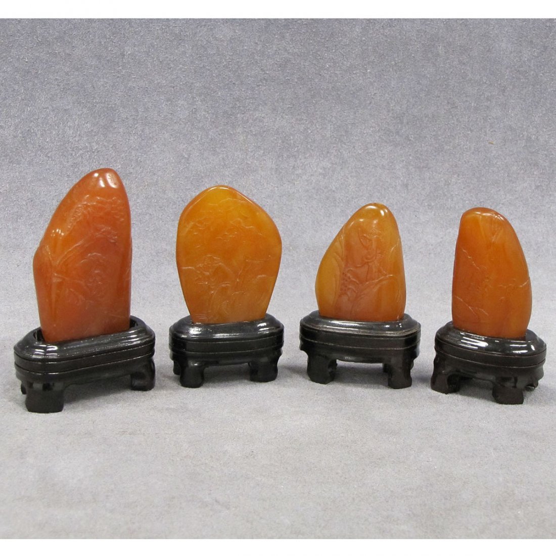 LOT (4) CHINESE TIEN WANG CARVED STONES: LOT (4) CHINESE TIEN WANG CARVED STONES WITH STANDS. HEIGHT STONES 2" - 2 3/4";