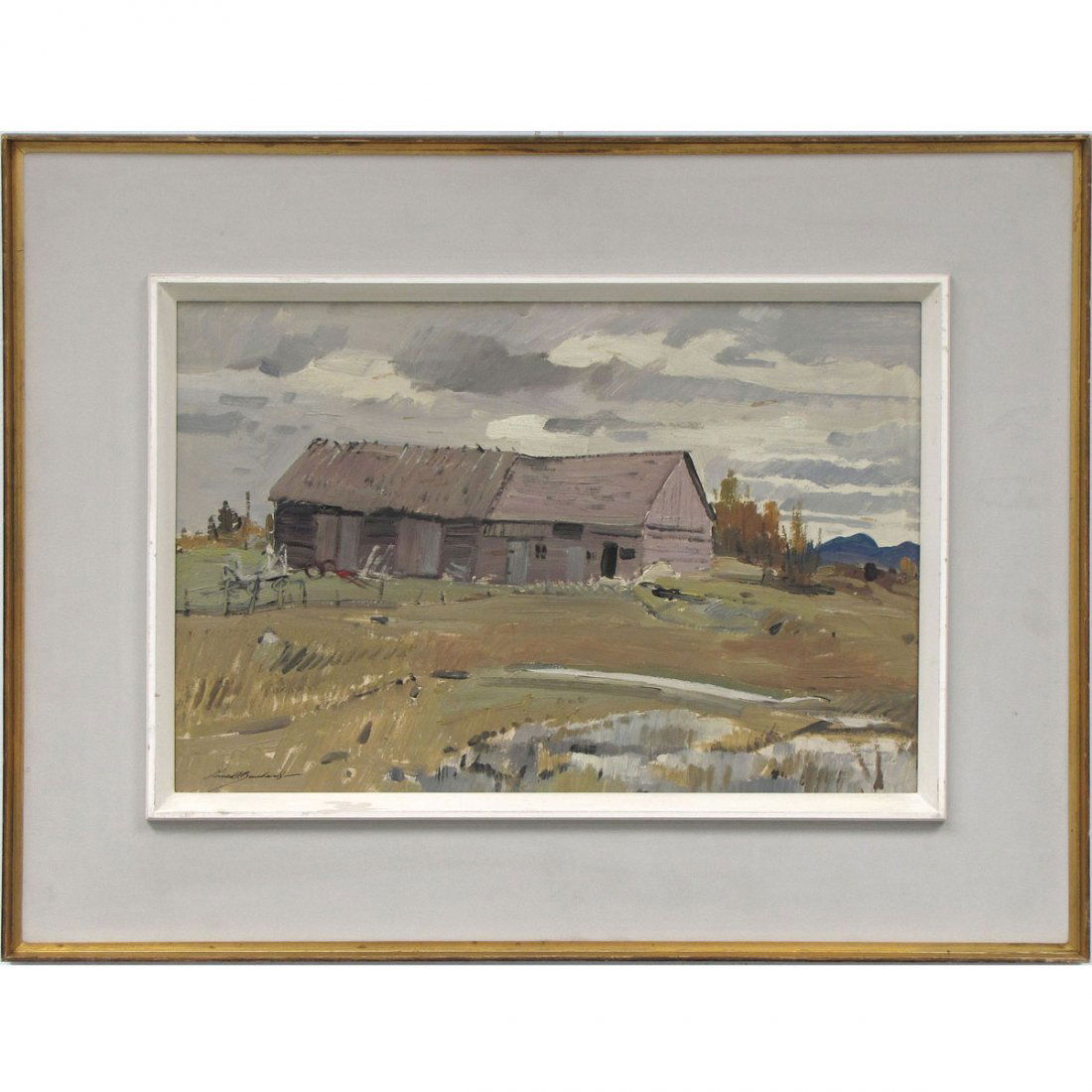 GEORGE LORNE HOLLAND BOUCHARD RCA: GEORGE LORNE HOLLAND BOUCHARD RCA (QUEBEC CANADA 1913-1978), OIL ON MASONITE, "BARN NEAR ST. HILARION, CHARLEVOIX COUNTY, PQ, OCT. 1963", SIGNED AND TITLED. 12 X 18"; FRAMED 19 1/2 X 25 1/2"