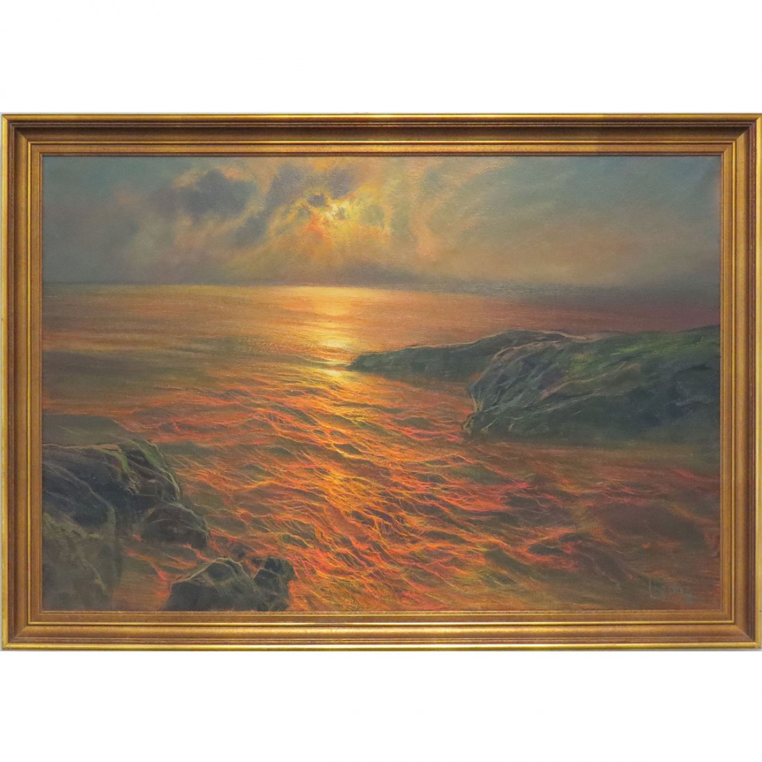 LAMBERTHUS DE JONG (FLEMISH SCHOOL 20TH CENTURY): LAMBERTHUS DE JONG (FLEMISH SCHOOL 20TH CENTURY), OIL ON CANVAS, SUNSET, SIGNED. 24 X 36"; FRAMED 28 X 40"