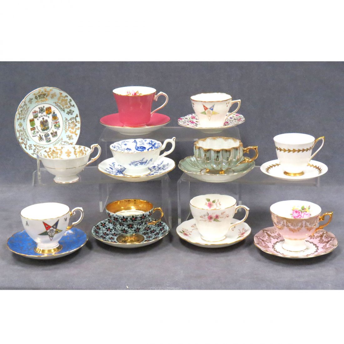 LOT (8) DECORATED PORCELAIN CUPS/SAUCERS: LOT (8) DECORATED PORCELAIN CUPS/SAUCERS INCLUDING PARAGON, ROYAL STANDARD, DUCHESS, ROSINA, JAPANESE, ROYAL ALBERT, BAVARIAN