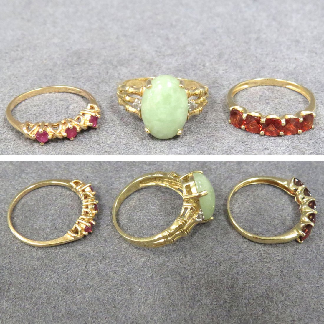 LOT (3) CHINESE 14K YELLOW GOLD STONE RINGS: LOT (3) CHINESE 14K YELLOW GOLD STONE RINGS INCLUDING GARNET, RUBY, AND JADE. SIZE 8