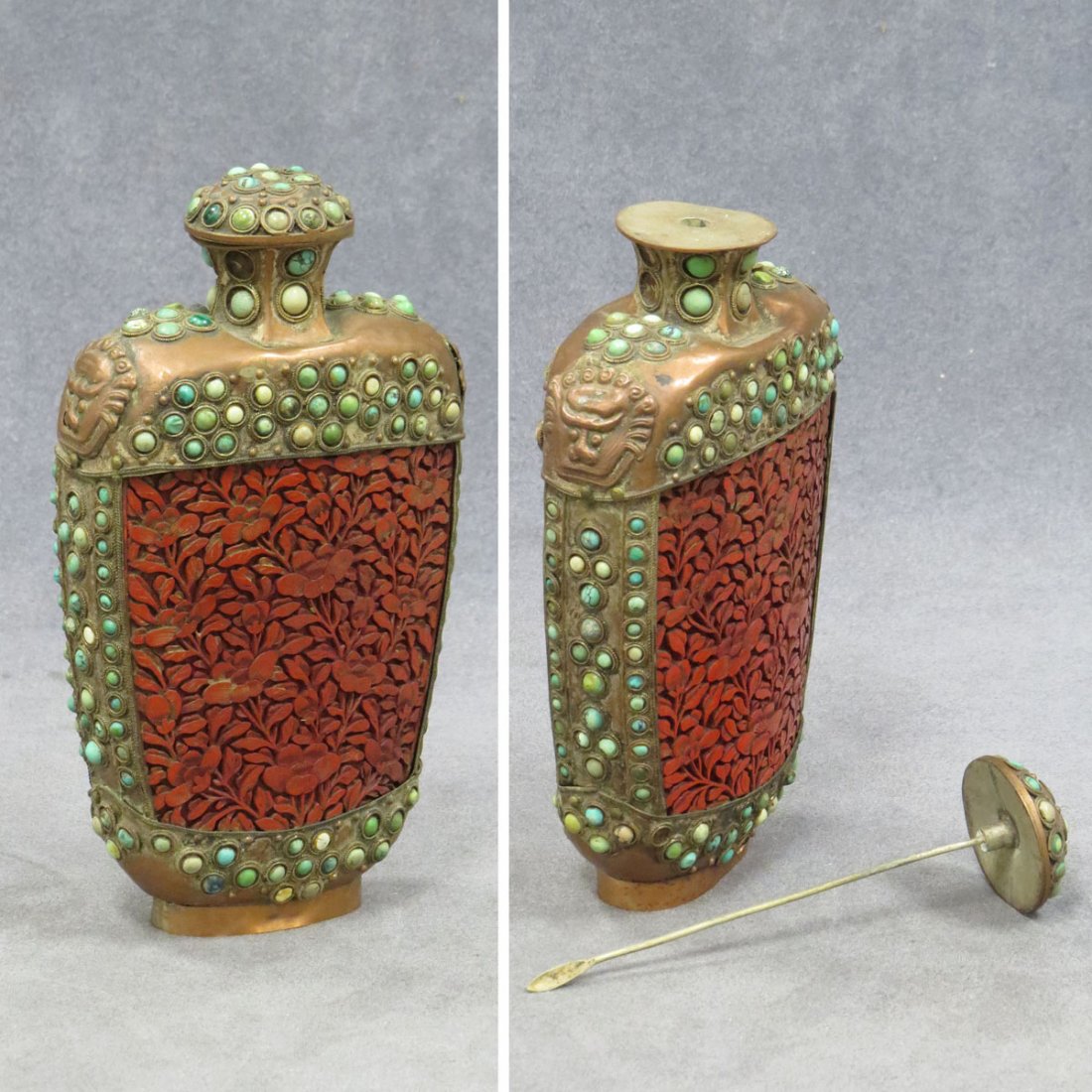 SINO TIBETAN COPPER MOUNTED CINNABAR SNUFF BOTTLE: SINO TIBETAN COPPER MOUNTED CINNABAR SNUFF BOTTLE, 19TH CENTURY. HEIGHT 7 1/2"