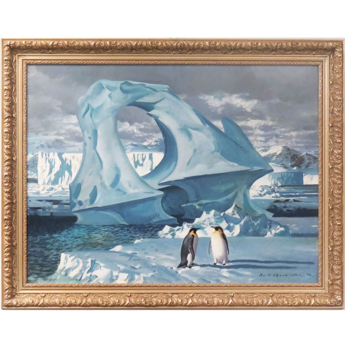 KEITH SHACKLETON (BRITISH 1923-), OIL ON MASONITE: KEITH SHACKLETON (BRITISH 1923-), OIL ON MASONITE, ANTARCTIC PENGUINS, SIGNED 1970. 18 X 24"; FRAMED 22 X 28" PROVENANCE: GIFT FROM THE ARTIST TO W.F. DAVIDSON, ST. PAUL MINNESOTA; SOLD DOYLE AUCTIONS