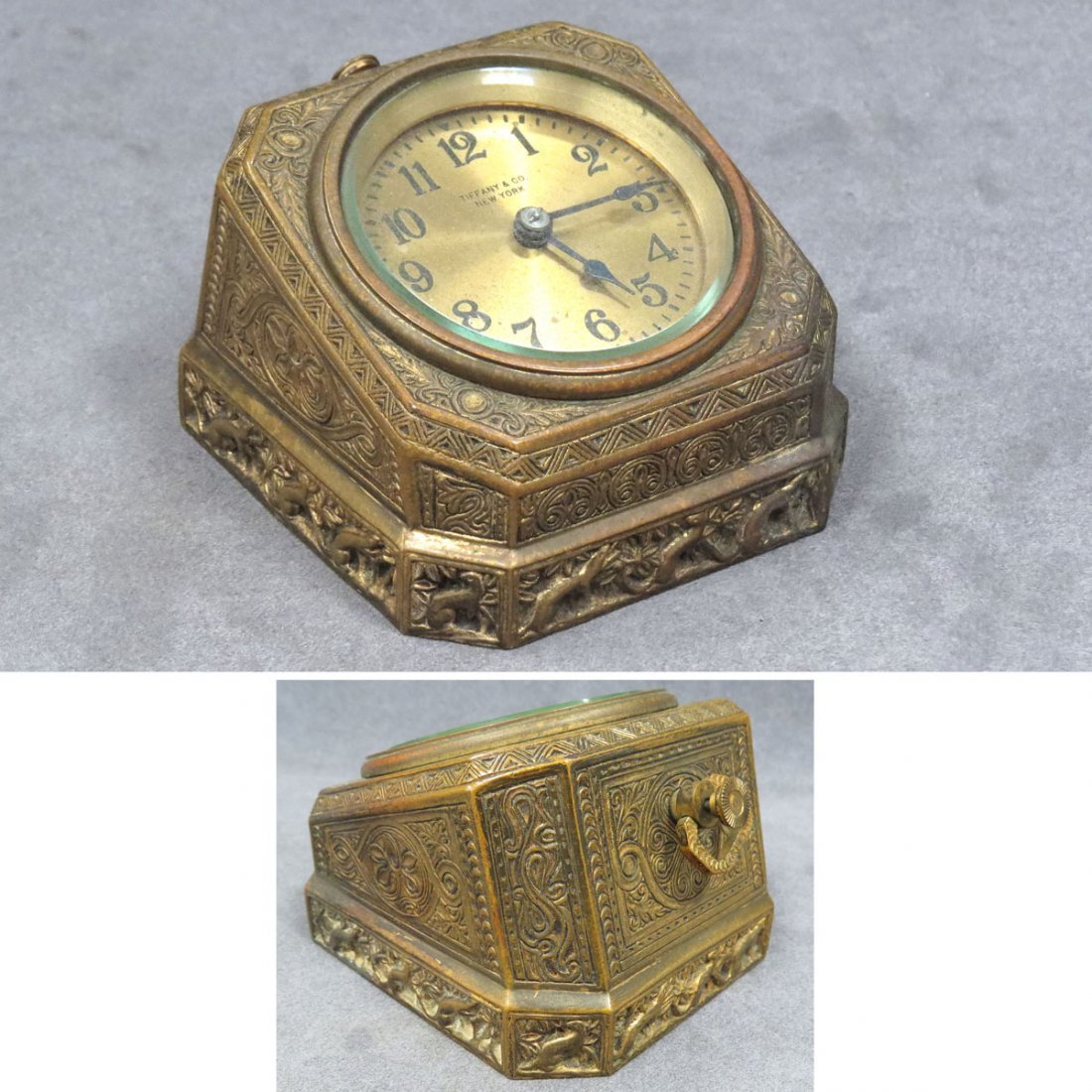 TIFFANY STUDIOS BRONZE VENETIAN PATTERN DESK CLOCK: TIFFANY STUDIOS BRONZE VENETIAN PATTERN DESK CLOCK, #1679. HEIGHT 3"; 4 X 4"