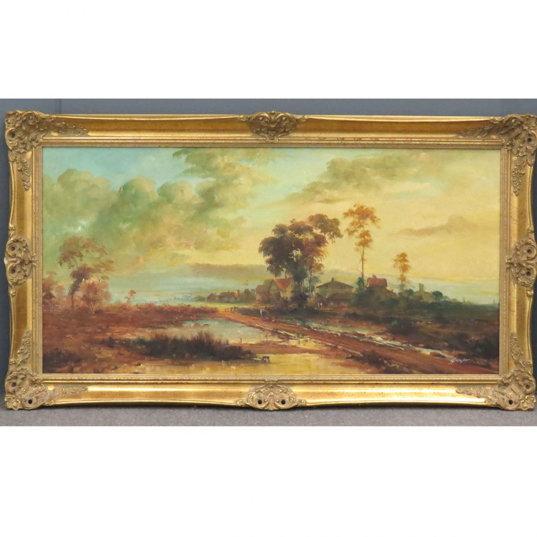 CONTINENTAL SCHOOL (20TH CENTURY), OIL ON CANVAS: CONTINENTAL SCHOOL (20TH CENTURY), OIL ON CANVAS, PANORAMIC LANDSCAPE, SIGNED. FRAMED 30 X 54"