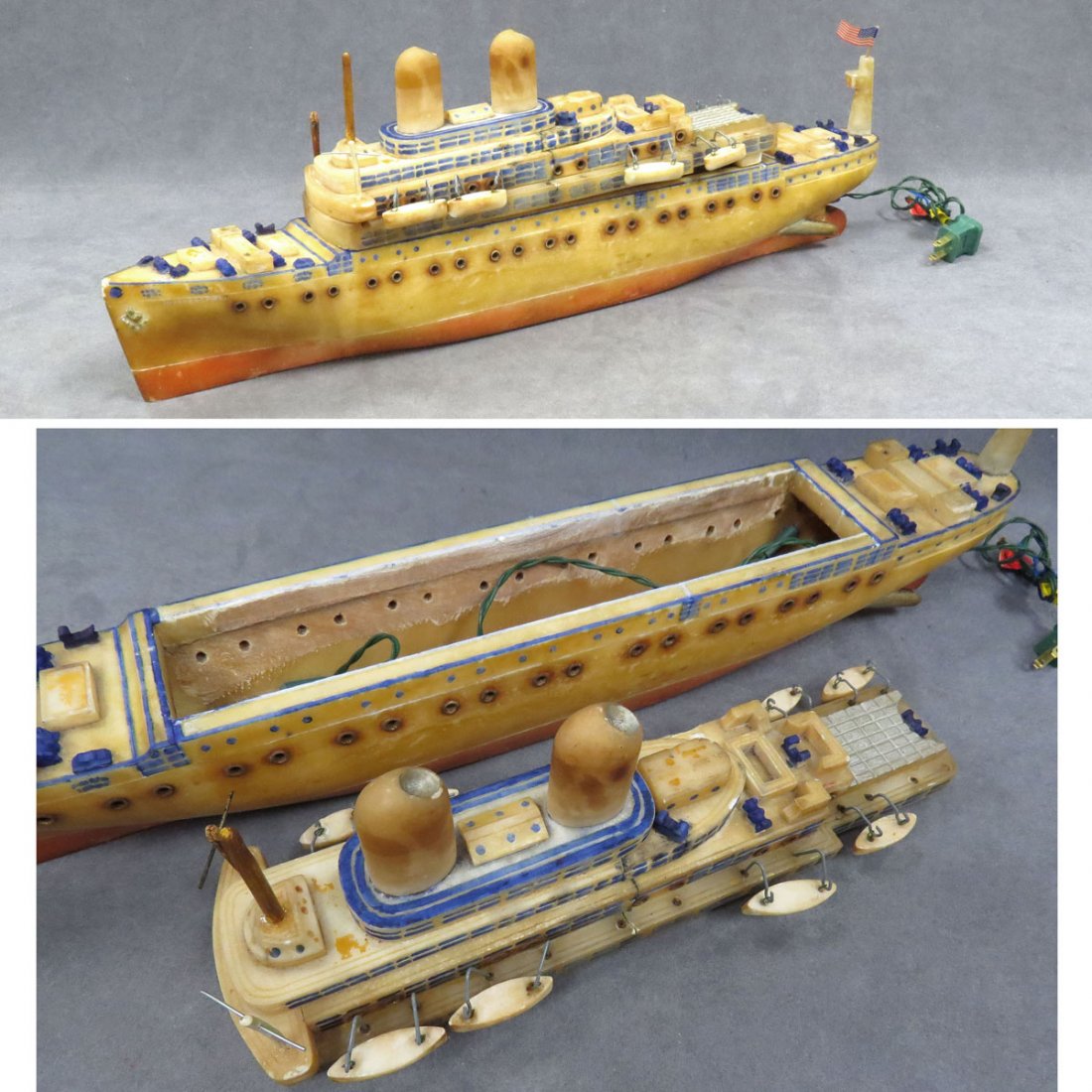 VINTAGE ILLUMINATED ALABASTER OCEAN LINER: VINTAGE ILLUMINATED ALABASTER OCEAN LINER (U.S.S. INDEPENDENCE) NIGHT LIGHT. LENGTH 23" (IMPERFECTIONS/LOSSES)