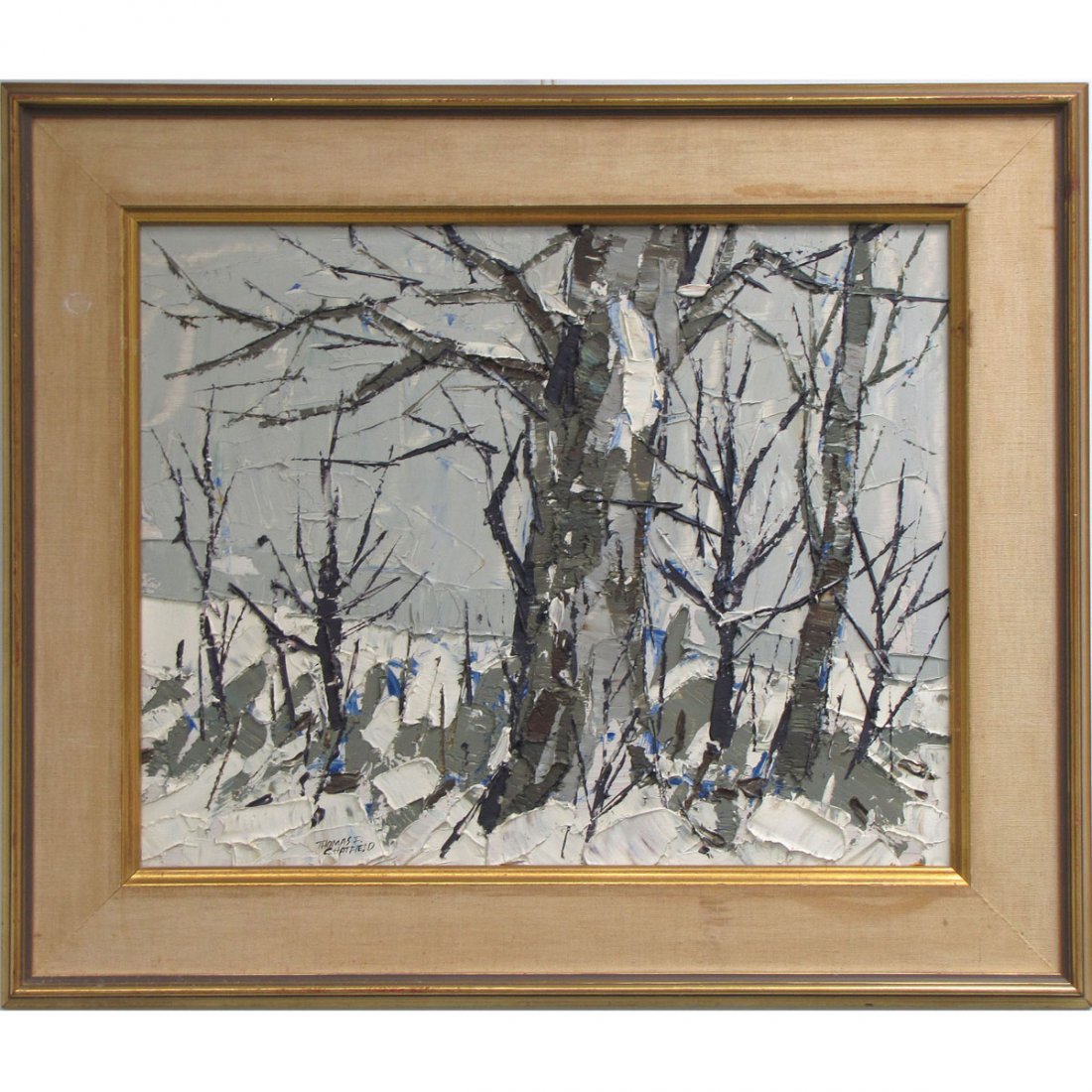 THOMAS FREDERICK HAIG CHATFIELD, OIL: THOMAS FREDERICK HAIG CHATFIELD (ONTARIO CANADA 1921-1999), OIL ON MASONITE, "FRESH SNOW", SIGNED AND TITLED. 16 X 20"; FRAMED 22 X 26"