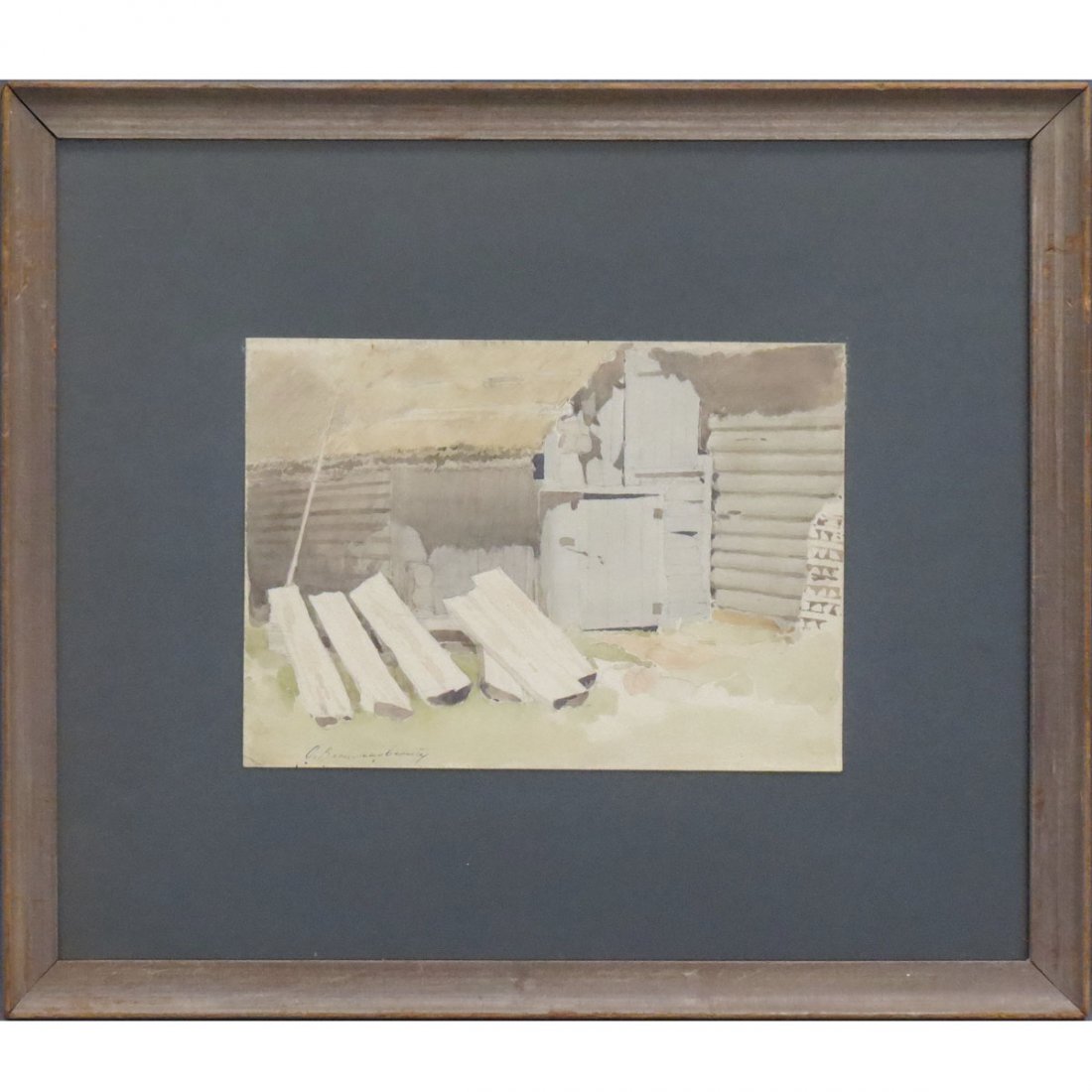SERGEI VASILKOVSKY (UKRAINIAN 1854-1917): SERGEI VASILKOVSKY (UKRAINIAN 1854-1917), WATERCOLOR, SPLIT LOGS, SIGNED. SHEET 7 3/4 X 10 3/4"; FRAMED AND GLAZED-16 1/2 X 20"
