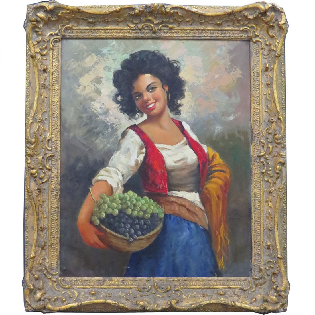ITALIAN SCHOOL (20TH CENTURY), OIL ON CANVAS: ITALIAN SCHOOL (20TH CENTURY), OIL ON CANVAS, YOUNG GYPSY WITH BASKET OF GRAPES, SIGNED. FRAMED 39 X 32"