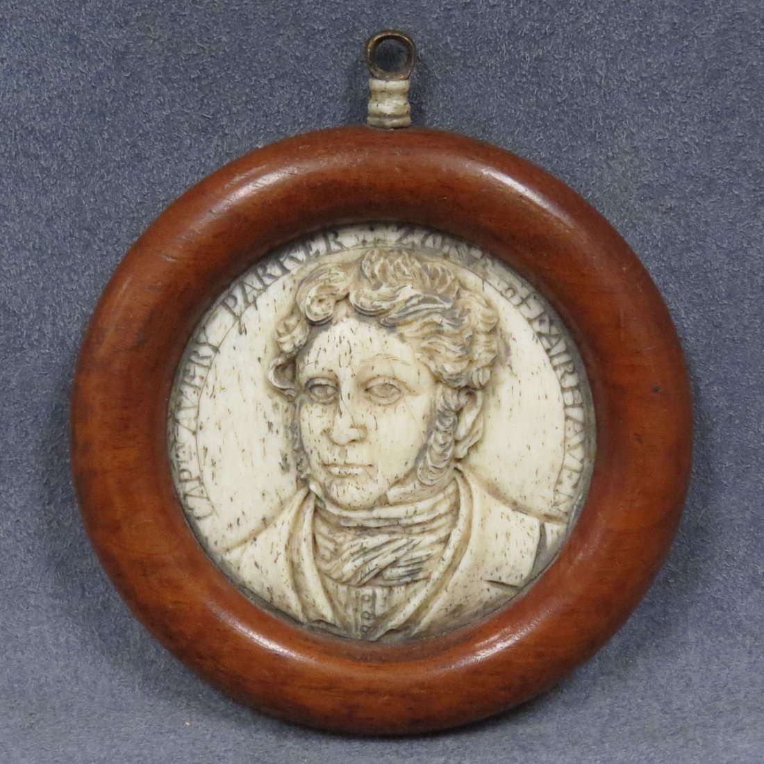 AMERICAN SCHOOL (19TH CENTURY) AVERY PARKER: AMERICAN SCHOOL (19TH CENTURY), CARVED BONE PORTRAIT OF CAPTAIN AVERY PARKER, WHALER, FAIRHAVEN, MA. SIGHT/DIAMETER 2 3/4"; FRAMED/DIAMETER 4" **CANNOT EXPORT**