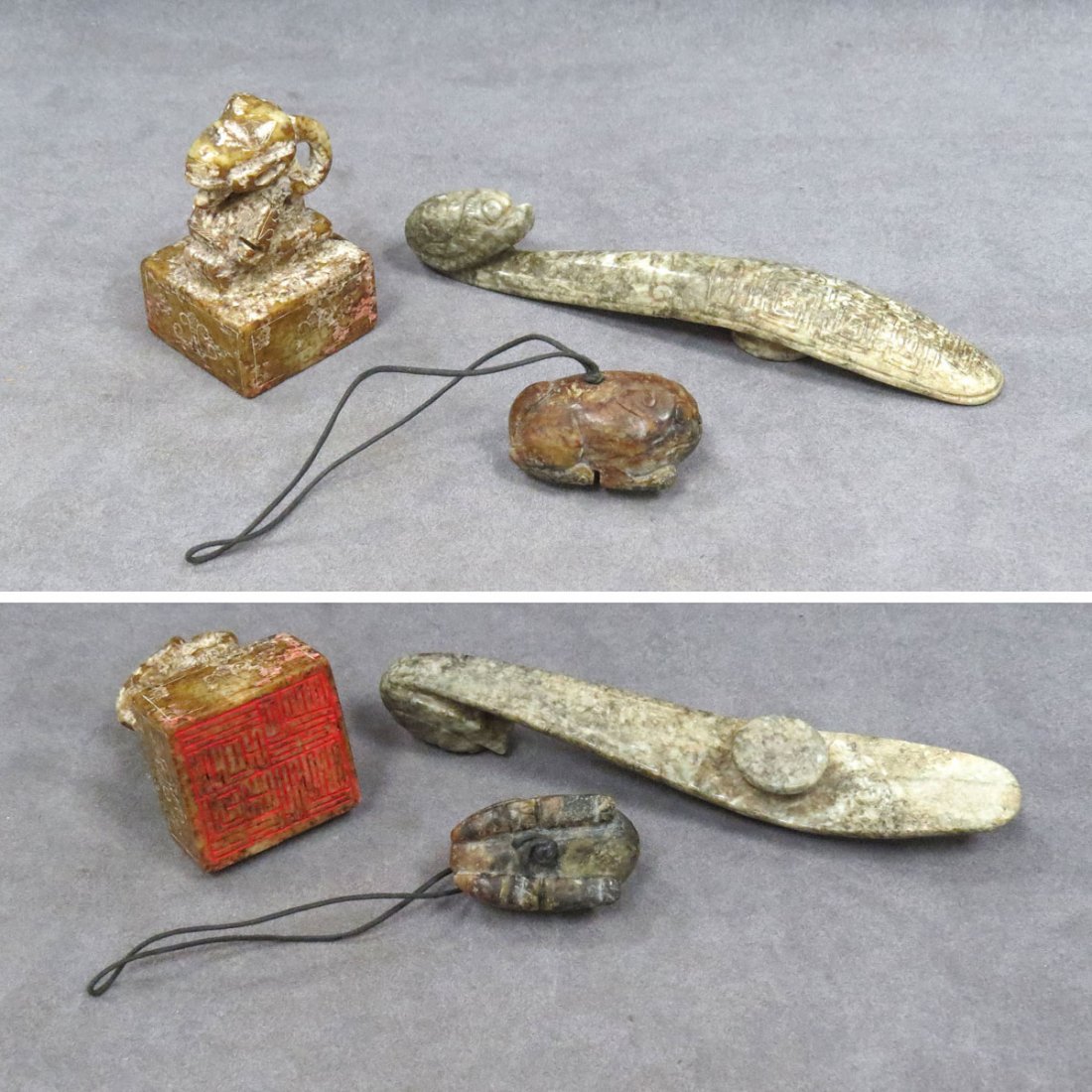LOT (3) CHINESE CARVED STONE: LOT (3) CHINESE CARVED STONE INCLUDING FIGURAL SEAL, HEIGHT 3"; BELT HOOK, LENGTH 7"; TOGGLE, LENGTH 2"