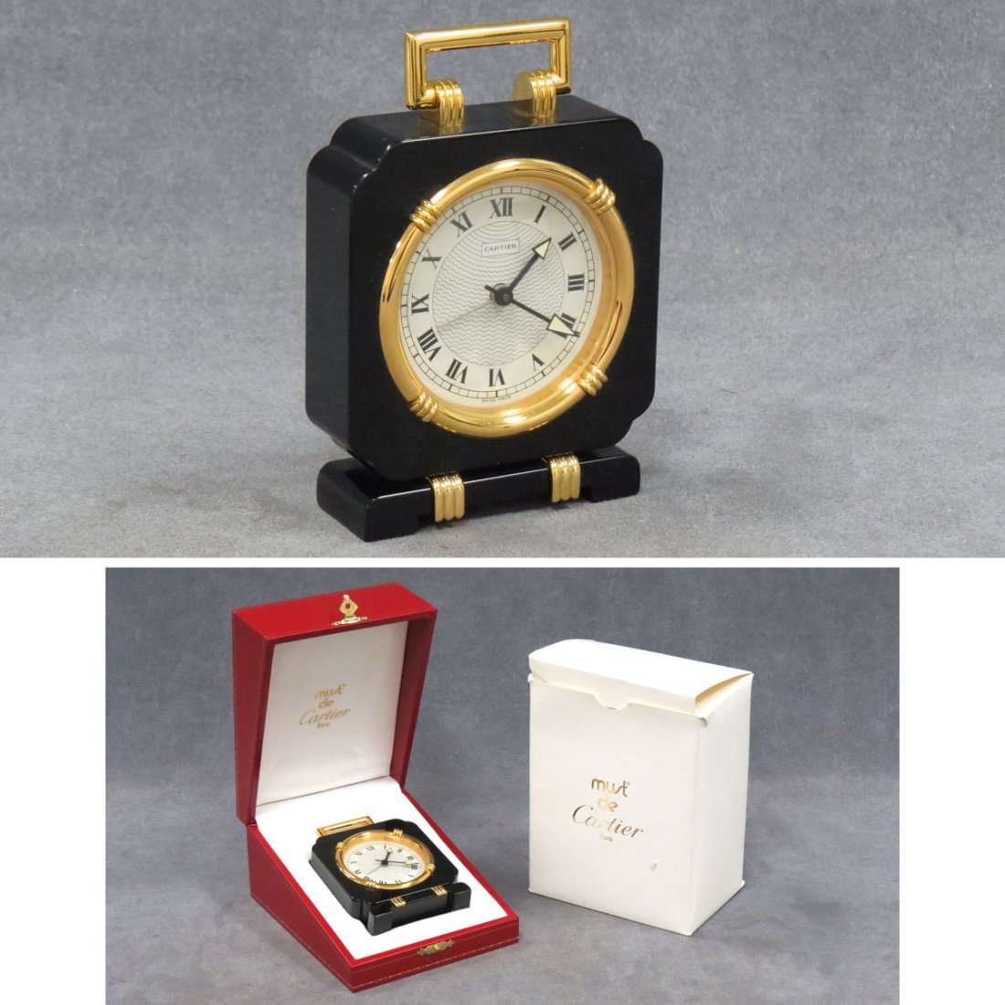 LE MUST DE CARTIER ART DECO DESK CLOCK: LE MUST DE CARTIER ART DECO GILT AND ENAMELED BRASS DESK CLOCK, #901701569 WITH BOXES AND PAPERS. HEIGHT 4 1/4"