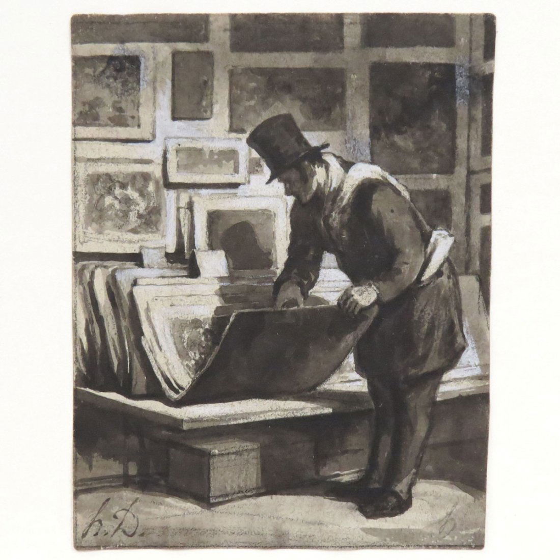 HONORE DAUMIER (FRENCH 1808-1879), INK, WATERCOLOR: HONORE DAUMIER (FRENCH 1808-1879), INK, WATERCOLOR, AND GOUACHE, THE PRINT COLLECTOR, SIGNED (INITIALS). SHEET 6 1/2 X 5"