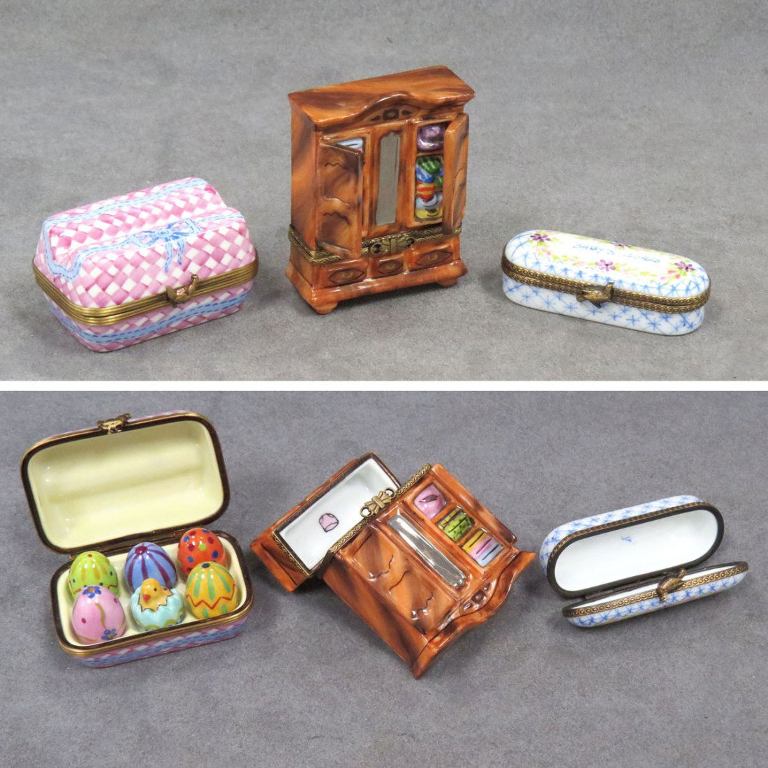 LOT (3) LIMOGES ENAMELED BOXES: LOT (3) LIMOGES ENAMELED BOXES INCLUDING "BABY'S CURLS", LENGTH 2 5/8"; EASTER EGG BOX, HEIGHT 1 1/4"; ARMOIRE, HEIGHT 2 3/4"