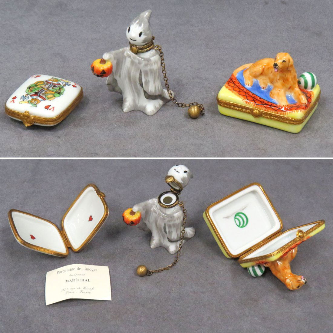 LOT (3) LIMOGES ENAMELED BOXES: LOT (3) LIMOGES ENAMELED BOXES INCLUDING HALLOWEEN GOBLIN, HEIGHT 3"; DOG ON RUG, HEIGHT 2"; KING OF HEARTS, 2 X 1 5/8"