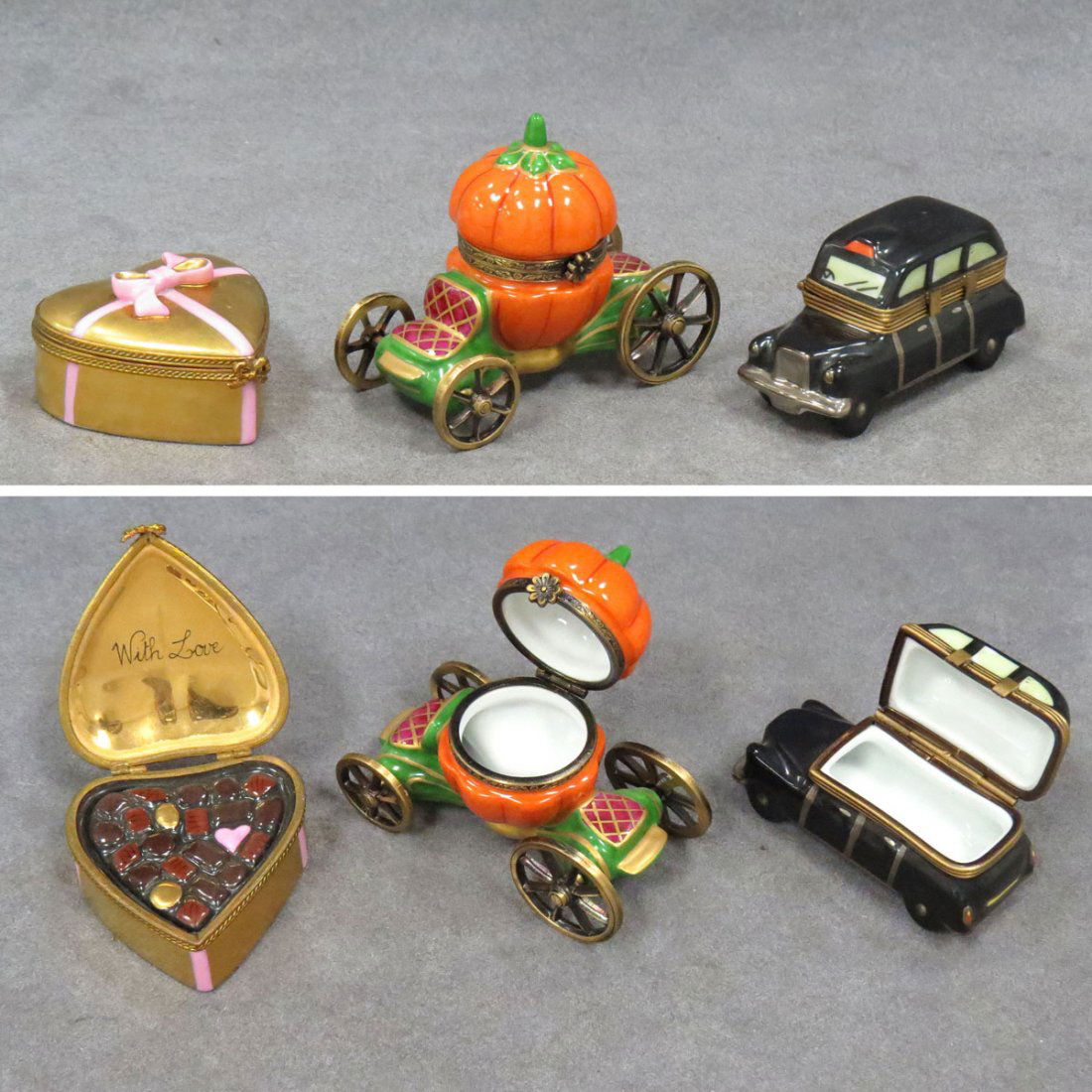 LOT (3) LIMOGES ENAMELED BOXES: LOT (3) LIMOGES ENAMELED BOXES INCLUDING PUMPKIN CARRIAGE, HEIGHT 2 1/2"; HEART, HEIGHT 1"; TAXI, LENGTH 2 3/4"