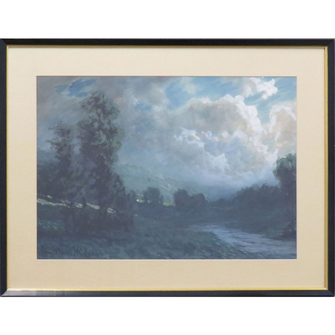 ROBERT BURNS WILSON (AMERICAN 1851-1916): ROBERT BURNS WILSON (AMERICAN 1851-1916), WATERCOLOR AND GOUACHE, STORMY KENTUCKY LANDSCAPE, SIGNED. SIGHT 15 X 21 1/2"; FRAMED AND GLAZED-21 X 27 1/2"