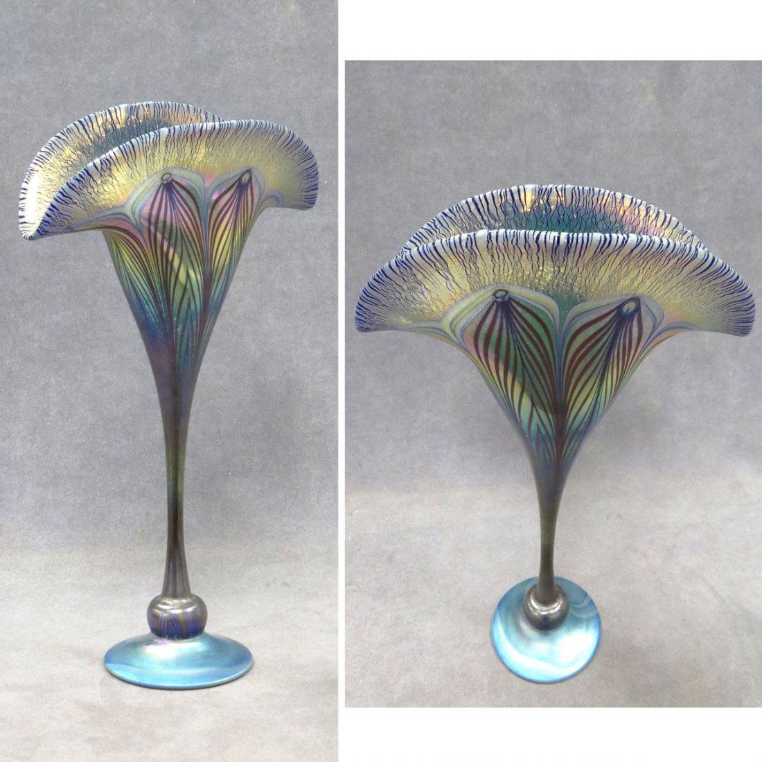 TIFFANY STYLE FAVRILE GLASS FAN SHAPE VASE