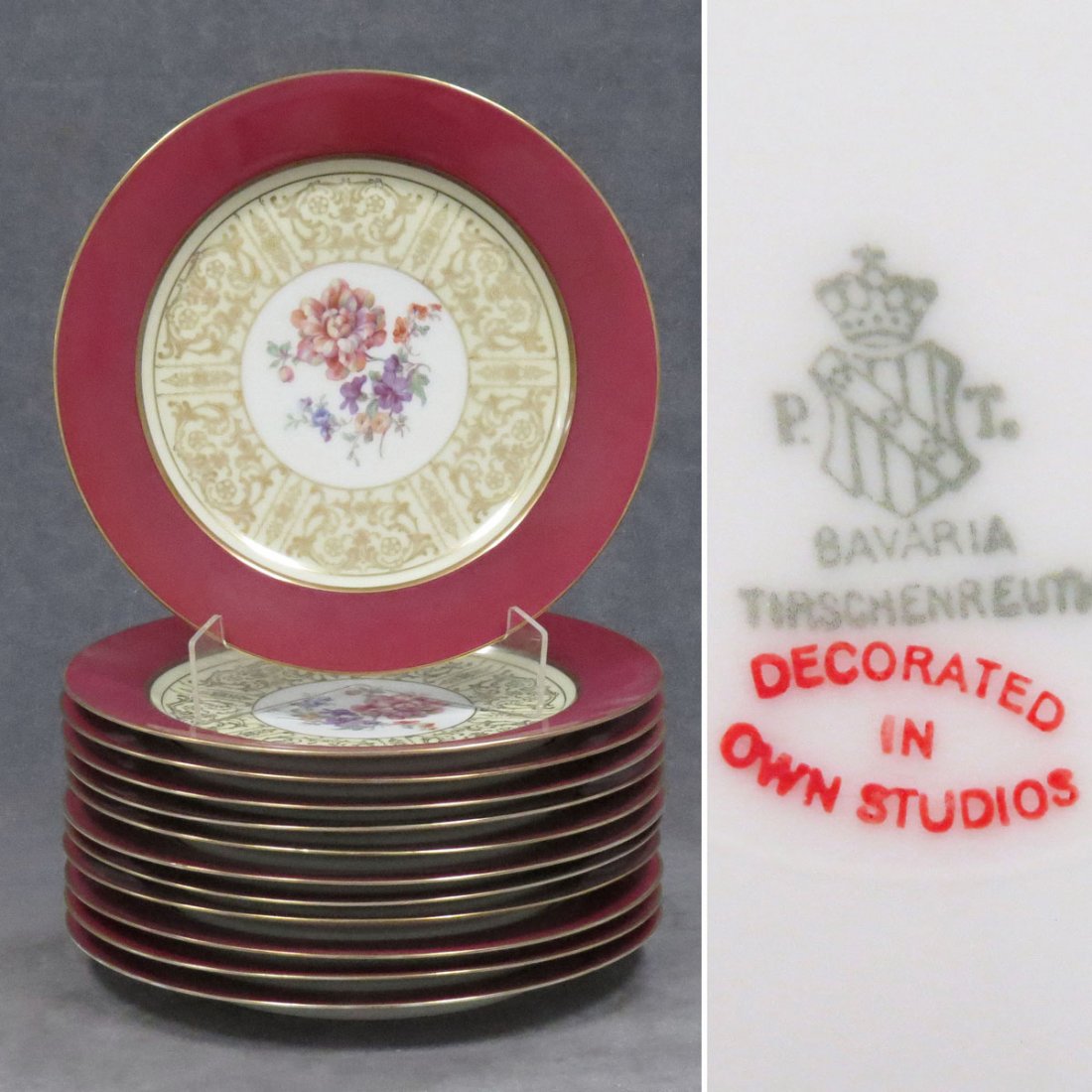 SET (12) BAVARIAN DECORATED PORCELAIN SHOW PLATES: SET (12) BAVARIAN DECORATED PORCELAIN SHOW PLATES. DIAMETER 10 3/4"