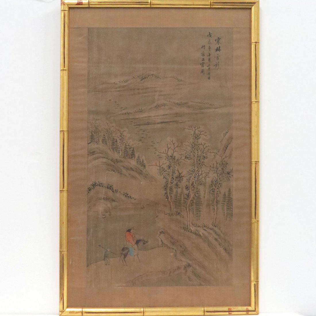 CHINESE SCHOOL (19/20TH CENTURY): CHINESE SCHOOL (19/20TH CENTURY), INK AND WATERCOLOR ON SILK, LANDSCAPE WITH TRAVELER, SIGNED SHAN GU ZHOU. FRAMED 35 1/2 X 22"
