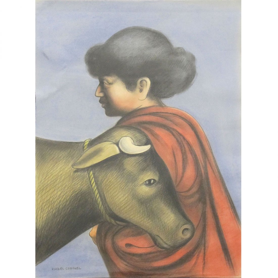 RAPHAEL CORONEL (MEXICAN 1932-), PASTEL : RAPHAEL CORONEL (MEXICAN 1932-), PASTEL, WOMAN WITH A BULL, SIGNED. SHEET 27 5/8 X 19 3/4"