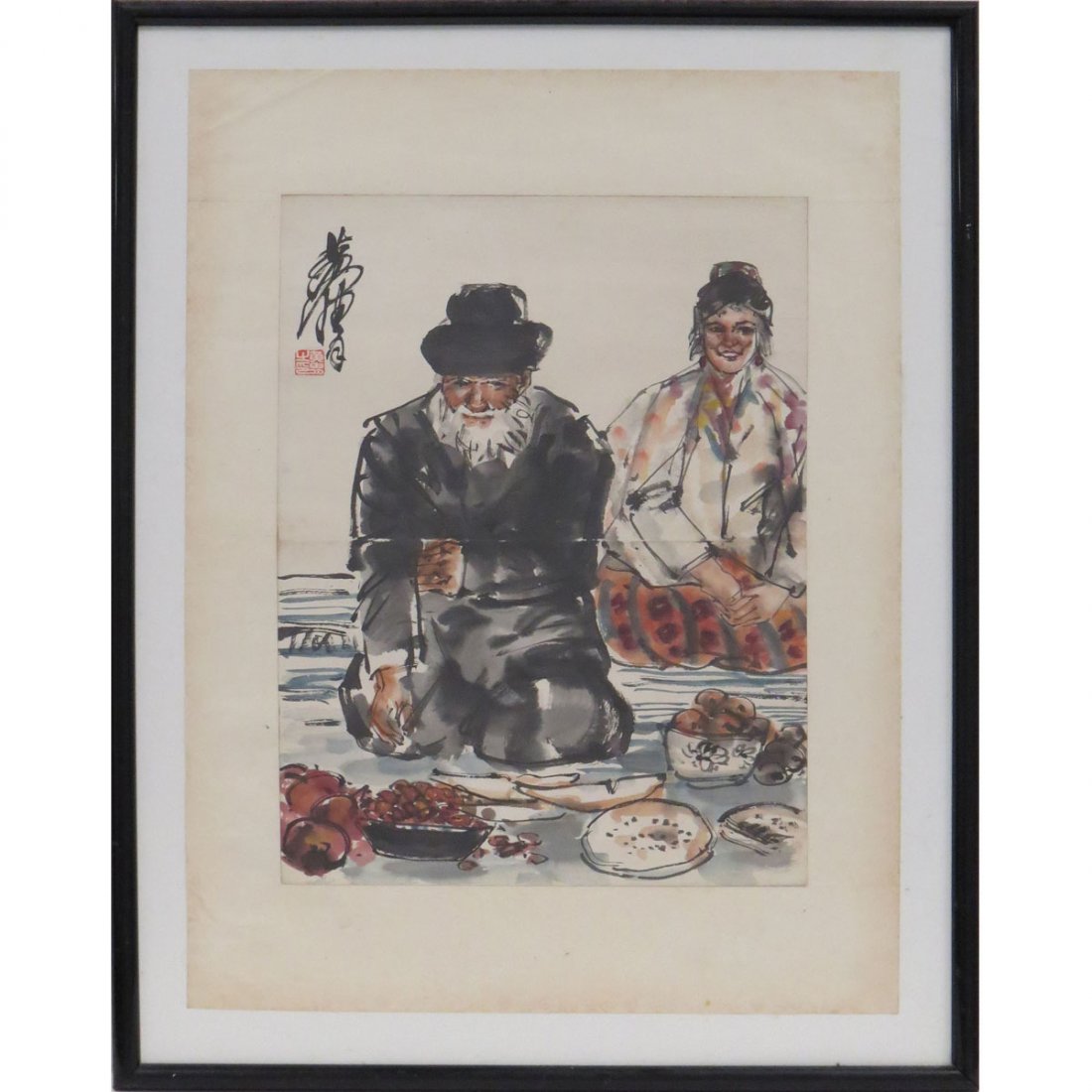 WESTERN CHINESE WATERCOLOR PAINTING: WESTERN CHINESE WATERCOLOR PAINTING, FIGURES EATING, SIGNED HUANG ZHOU. FRAMED AND GLAZED-28 X 21"