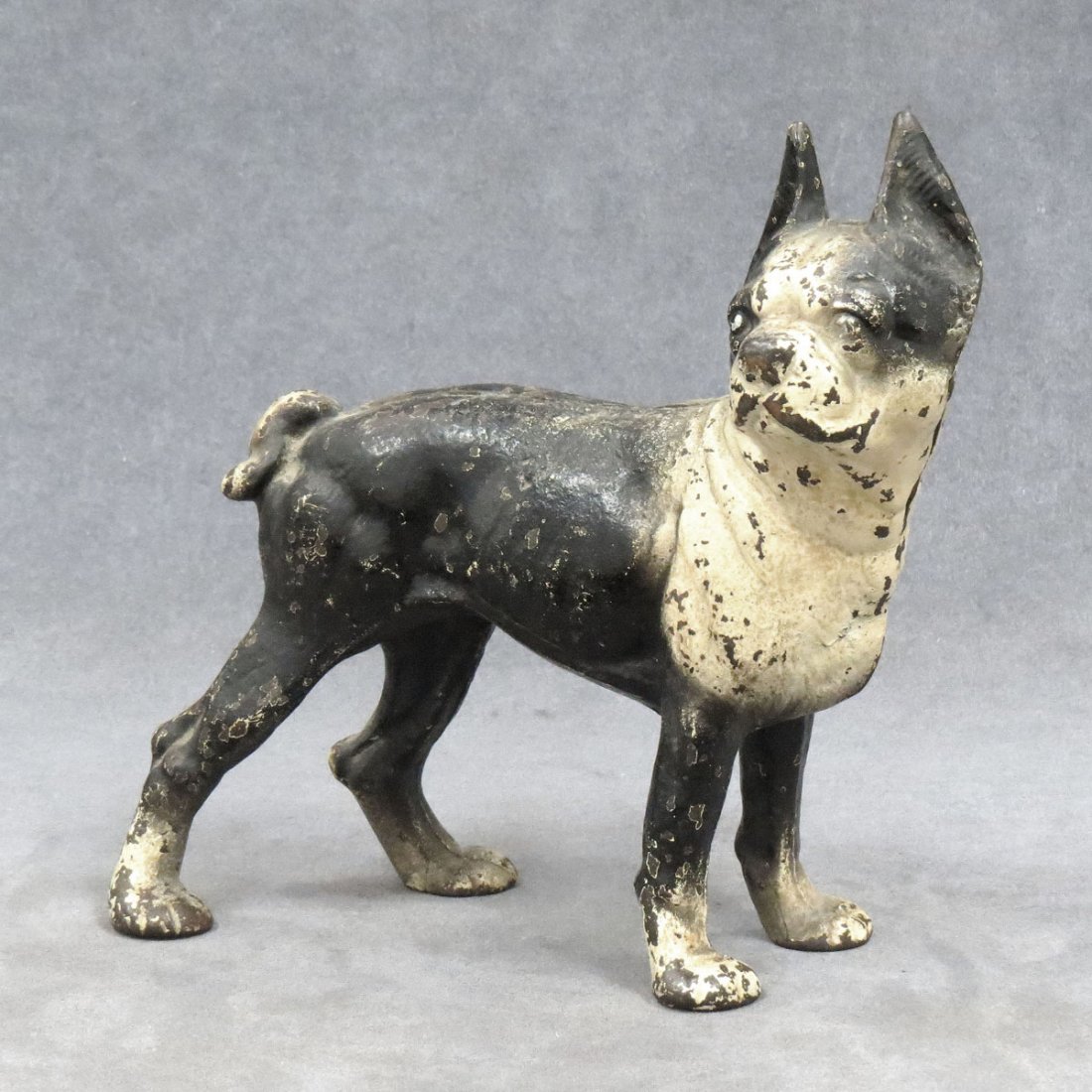 VINTAGE PAINTED CAST IRON BOSTON BULL DOOR STOP: VINTAGE PAINTED CAST IRON BOSTON BULL DOOR STOP. HEIGHT 9"; LENGTH 9"