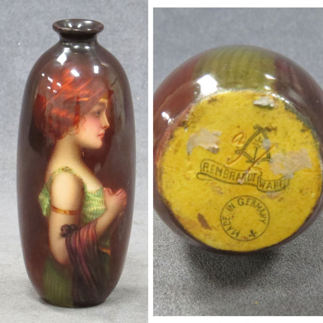 VINTAGE HEUBACH BROS REMBRANDT WARE VASE: VINTAGE HEUBACH BROS REMBRANDT WARE HAND PAINTED PORCELAIN VASE, ARTIST SIGNED. HEIGHT 5 3/4"
