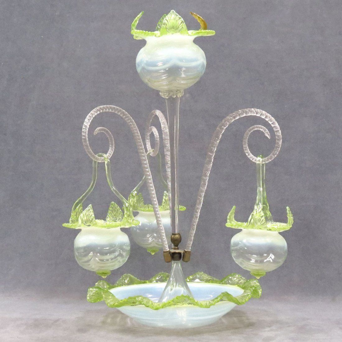 VICTORIAN OPALESCENT GLASS EPERGNE: VICTORIAN OPALESCENT GLASS EPERGNE WITH HANGING BASKETS. HEIGHT 22"; DIAMETER 12"