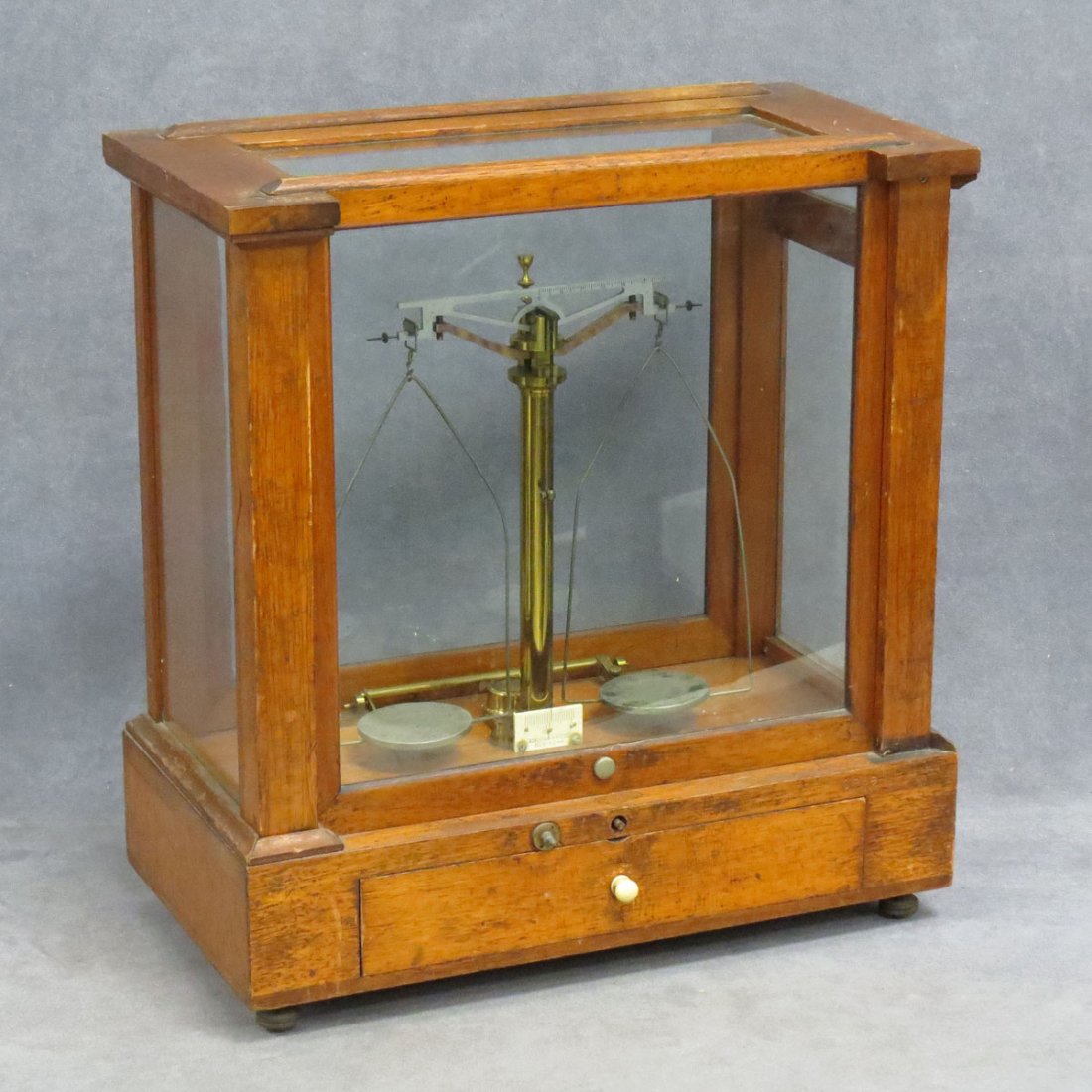 VINTAGE EIMER & AMEND NY ANALYTICAL BALANCE: VINTAGE EIMER & AMEND NY MAHOGANY CASED ANALYTICAL BALANCE. HEIGHT 18 1/2"; WIDTH 16"