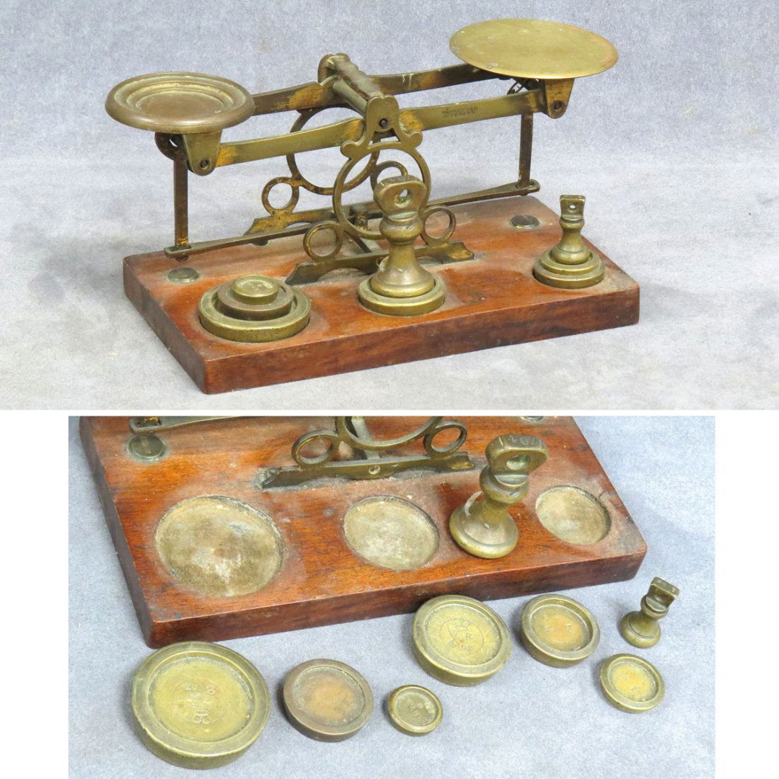VINTAGE ENGLISH BRASS SCALE WITH WEIGHTS: VINTAGE ENGLISH BRASS SCALE WITH WEIGHTS, 19TH CENTURY. 5 X 9"