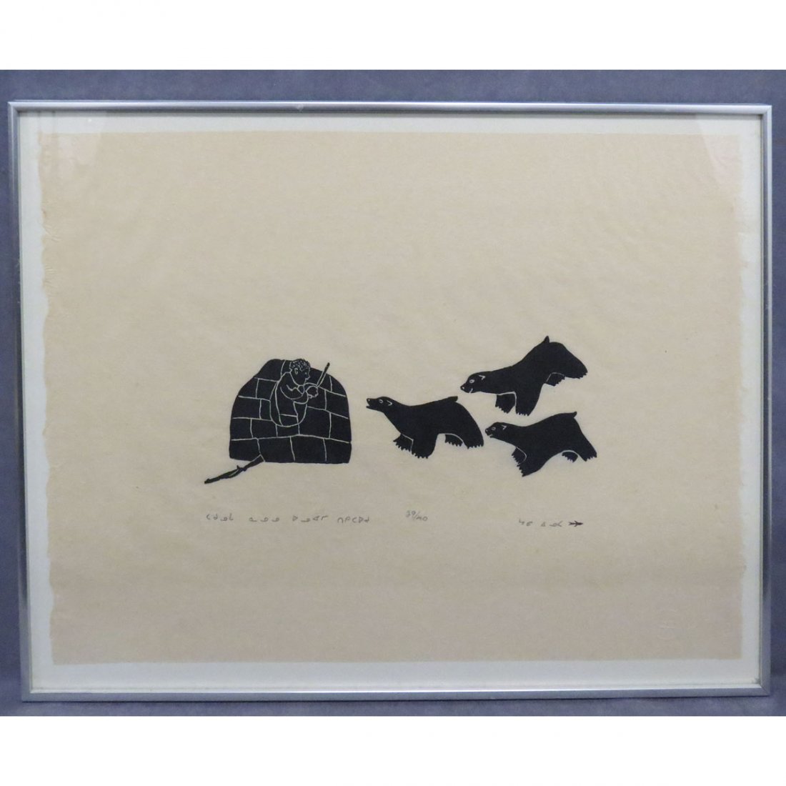 JOHHNY INUKPUK (INUIT 1911-2007), STONE CUT: JOHHNY INUKPUK (INUIT 1911-2007), STONE CUT, BEARS ATTACKING JOHNNY'S IGLOO, SIGNED #29/40. SHEET 19 X 25"; FRAMED AND GLAZED-21 X 27"