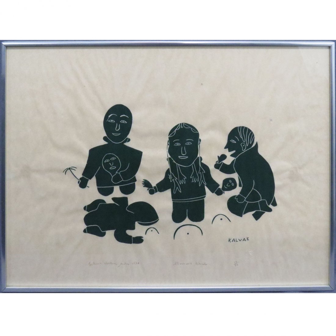 HELEN KALVAK (INUIT 1901-1984), STONE CUT: HELEN KALVAK (INUIT 1901-1984), STONE CUT, "SHAMAN'S RITUAL", #17/50 1970. FRAMED AND GLAZED-18 X 24"