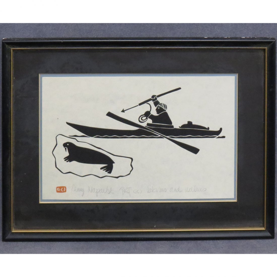 HENRY NAPAITOK (INUIT 20TH CENTURY), STONE CUT: HENRY NAPAITOK (INUIT 20TH CENTURY), STONE CUT, "ESKIMO AND WALRUS", SIGNED. SIGHT 6 1/4 X 9 1/2"; FRAMED AND GLAZED-10 1/4 X 13 1/2"