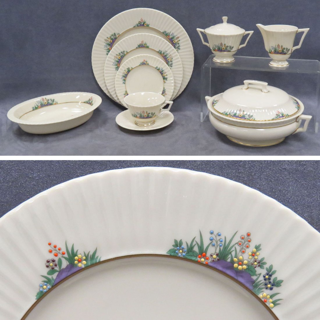 SERVICE (9) LENOX "RUTLEDGE" PORCELAIN DINNERWARE: SERVICE (9) LENOX "RUTLEDGE" PORCELAIN DINNERWARE (49) PIECES INCLUDING (9) CUPS AND (9)SAUCERS; (9) DINNER PLATES, 11"; (9) SALAD PLATES, 8 1/2"; (9) BREAD & BUTTER, 6 1/4"; SUGAR & CREAMER; COVERED 