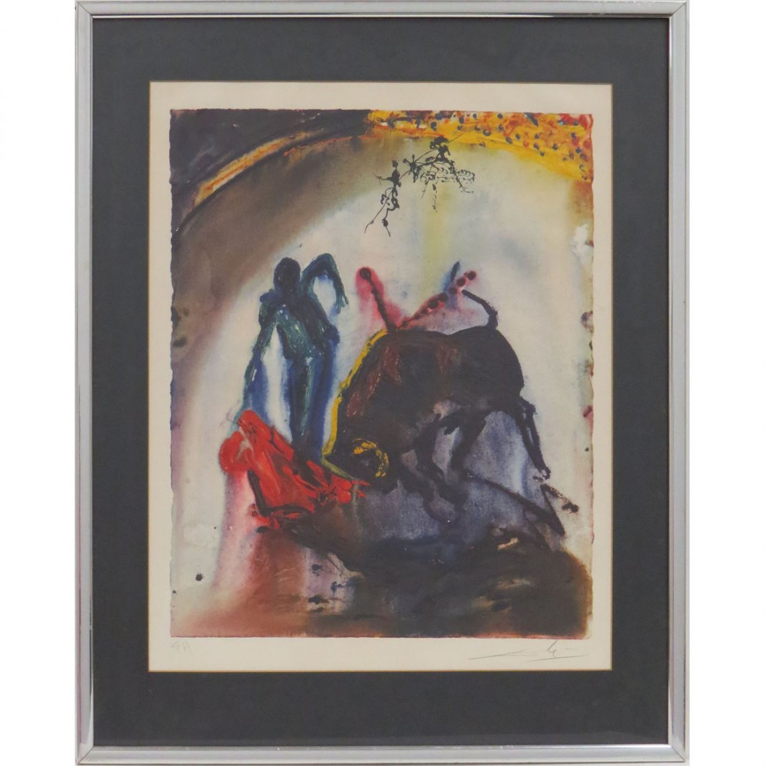 SALVADOR DALI (SPANISH 1904-1989), INTAGLIO LITHO: SALVADOR DALI (SPANISH 1904-1989), INTAGLIO LITHOGRAPH, BULL FIGHT, C.1966 SIGNED EA. SIGHT 24 X 19"; FRAMED AND GLAZED-31 X 25"