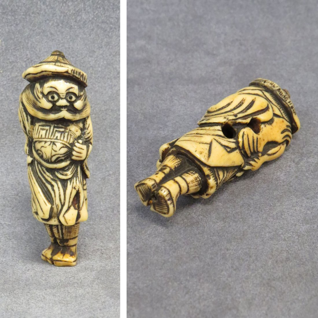 JAPANESE CARVED ANTLER NETSUKE, SHOKI : JAPANESE CARVED ANTLER NETSUKE, SHOKI, 19TH CENTURY. HEIGHT 3 1/4" **CANNOT EXPORT**
