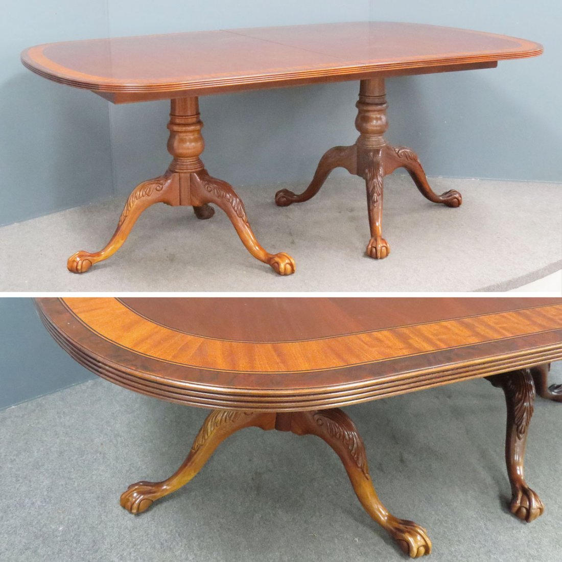 CHIPPENDALE STYLE MAHOGANY DINING TABLE: CHIPPENDALE STYLE CARVED AND INLAID MAHOGANY DOUBLE PEDESTAL BASE EXTENSION DINING TABLE WITH (3) 24" LEAVES AND PADS. HEIGHT 46"; LENGTH 72"