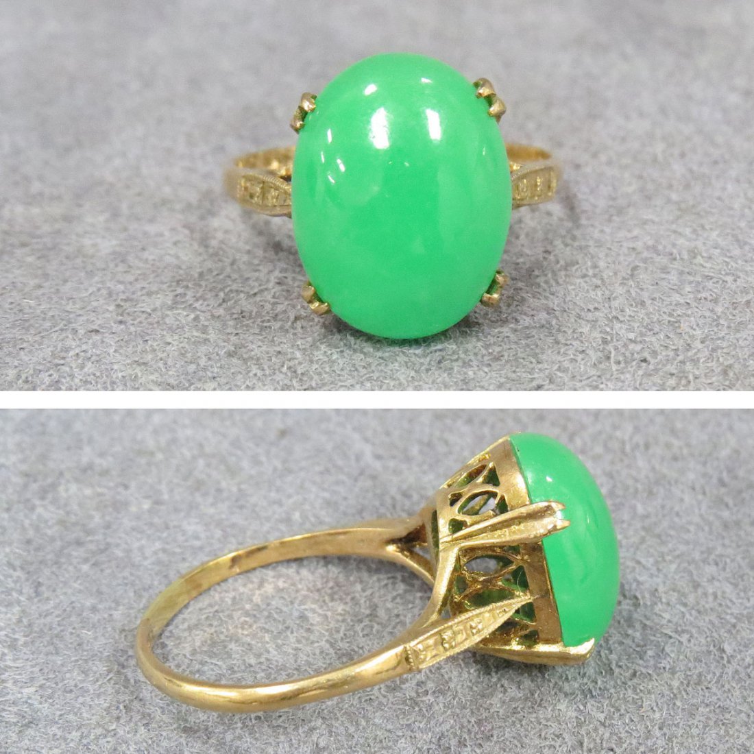 10.5CT CABOCHON JADE RING: 10.5CT CABOCHON JADE RING WITH BIRMINGHAM 9K (375) YELLOW GOLD SETTING. RING SIZE 9 1/2; STONE 15.79 X 12.35MM