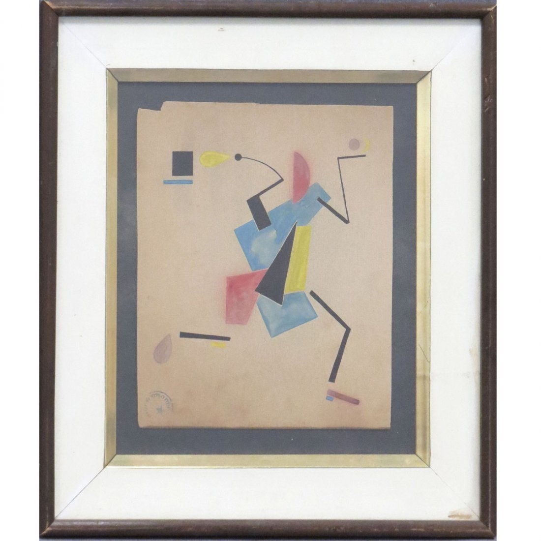 RUSSIAN SCHOOL (EARLIER 20TH CENTURY), INK : RUSSIAN SCHOOL (EARLIER 20TH CENTURY), INK AND GOUACHE, CUBIST FIGURE-DANCING, UNSIGNED/STAMPED. SHEET 9 1/2 X 7 3/4"; FRAMED AND GLAZED-16 X 13 1/2"
