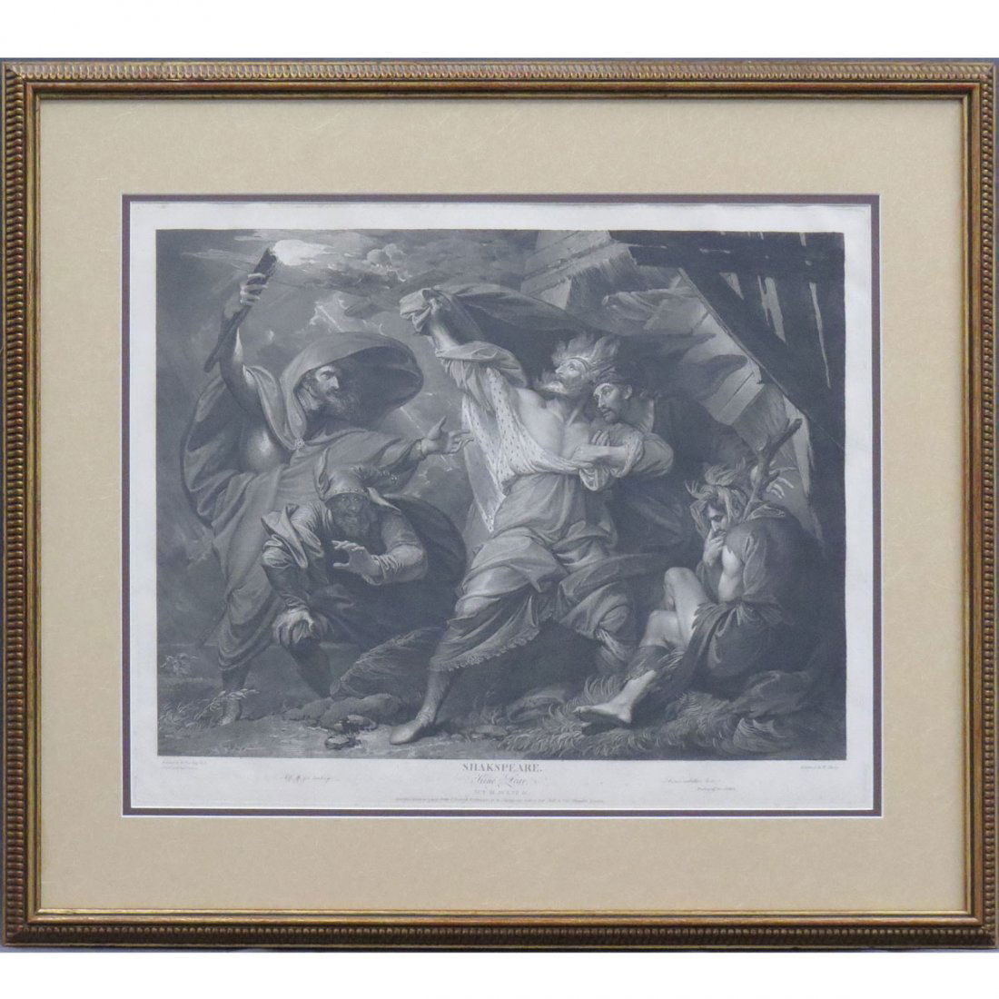 BOYDELL (JOHN & JOSIAH) PRINTERS, ENGRAVING : BOYDELL (JOHN & JOSIAH) PRINTERS, ENGRAVING, "KING LEAR ACT III SCENE IV", AFTER BENJAMIN WEST BY WILLIAM SHARP, 1793. PLATE 19 1/2 X 21 1/2" (FULL MARGINS); FRAMED AND GLAZED-29 X 33 1/2"