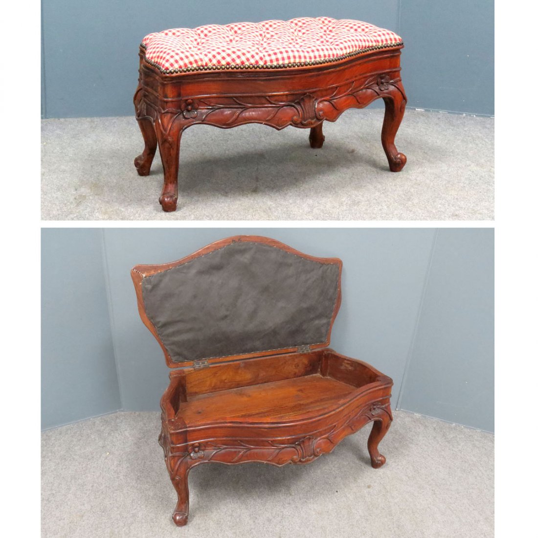 FRENCH PROVINCIAL CARVED FRUITWOOD FOOTSTOOL/BENCH: FRENCH PROVINCIAL CARVED FRUITWOOD FOOTSTOOL/BENCH. HEIGHT 16"; LENGTH 30"