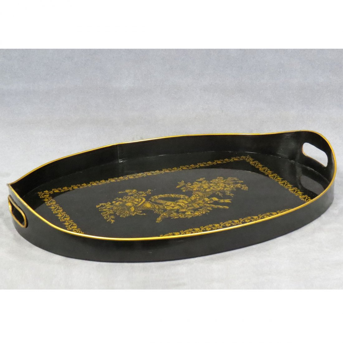 ITALIAN GILT DECORATED TOLE TRAY: ITALIAN GILT DECORATED TOLE TRAY, FOR BERGDORF GOODMAN. 14 X 19"